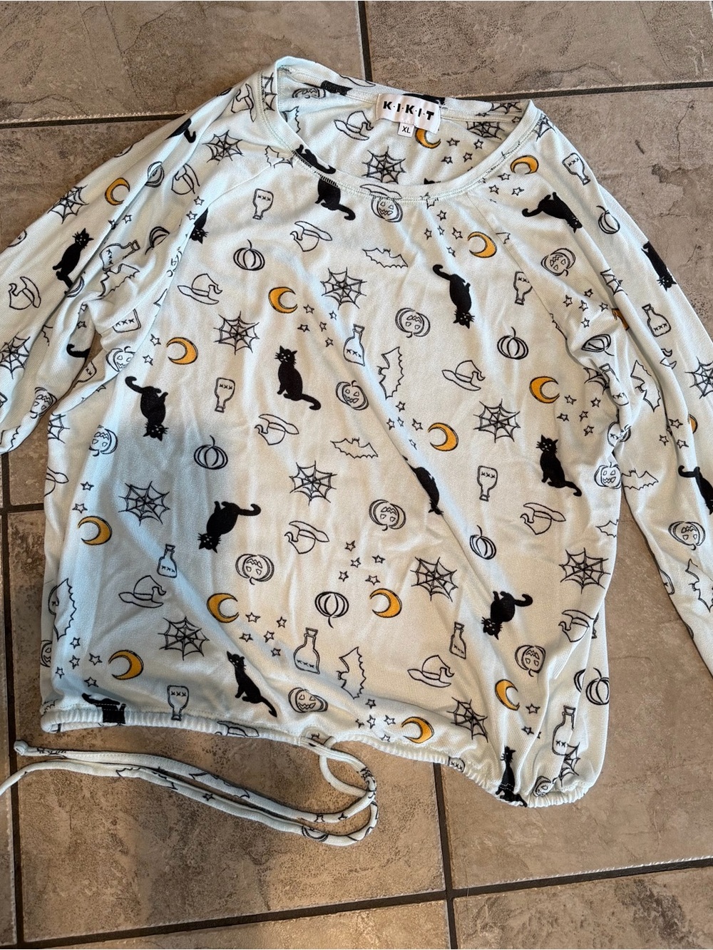 Kikit Halloween Print Long Sleeve Top - Light Blue with Black & Yellow Motifs